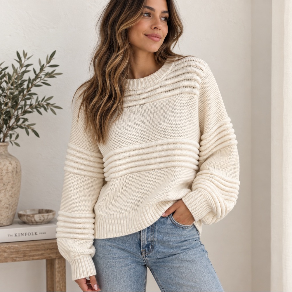 SANCIA Cream Textured Ribbed Knit Sweater Relaxed Pullover